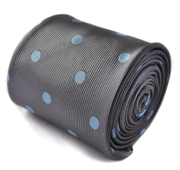 grey tie with light blue polka spot