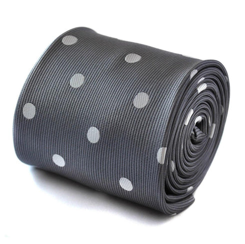 grey tie with white polka dots