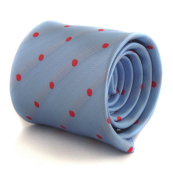 light blue herringbone striped tie with red polka dots