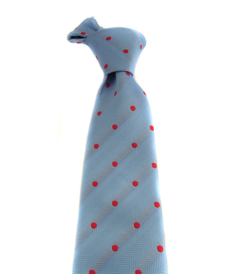 light blue herringbone striped tie with red polka dots