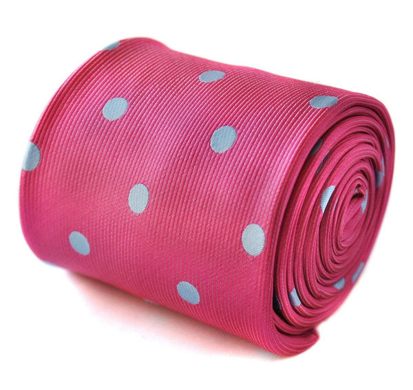 bright pink tie with light blue polka dots