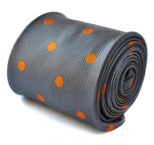 grey tie with orange polka dots