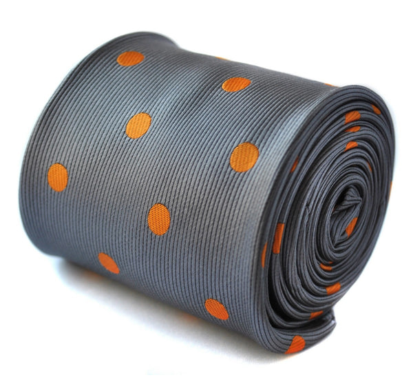 grey tie with orange polka dots