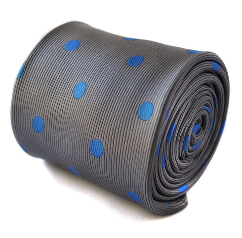 grey tie with royal blue polka dots