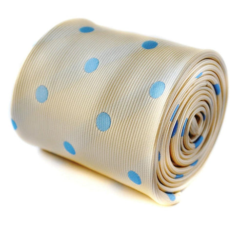 champagne tie with light blue polka dots
