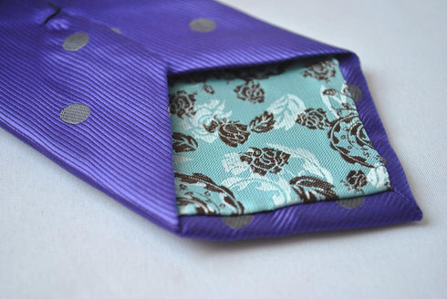purple tie with grey polka dots