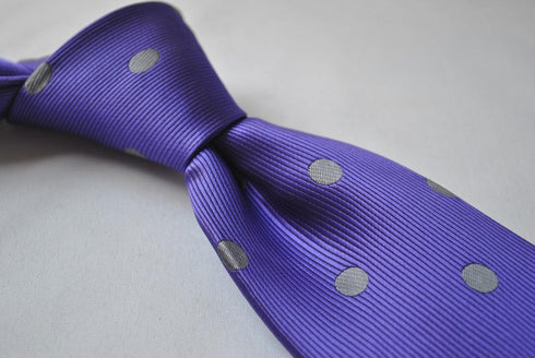 purple tie with grey polka dots