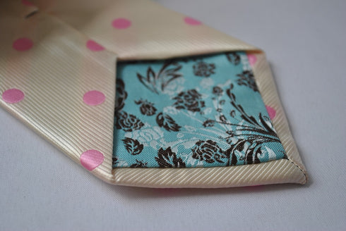 ivory tie with pink polka dots
