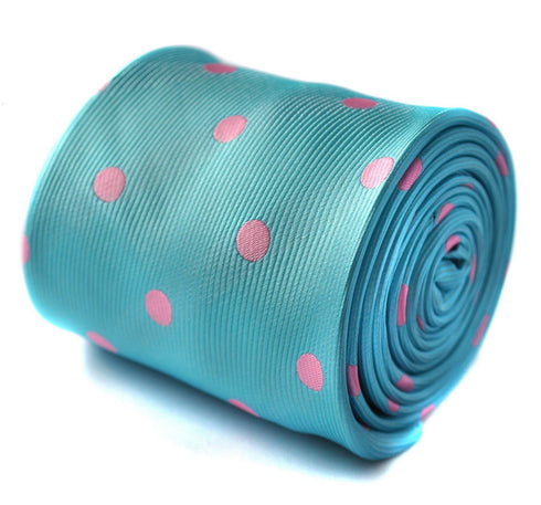 turquoise tie with pink polka dots