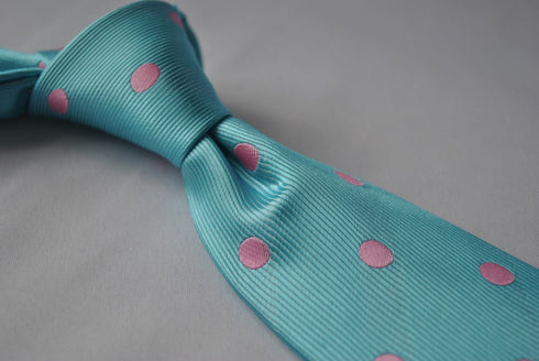 turquoise tie with pink polka dots