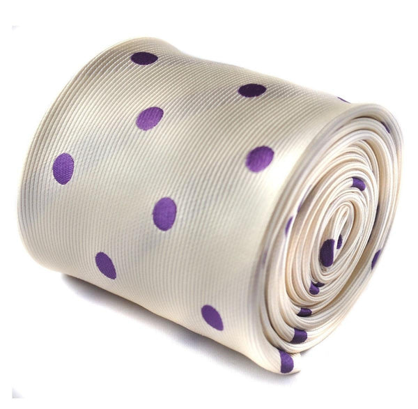 ivory tie with purple polka dots