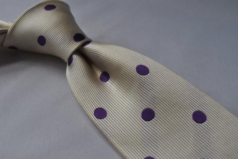 ivory tie with purple polka dots