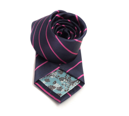 navy tie with thin pink stripes