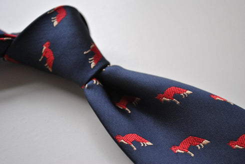 navy blue tie with red fox print design