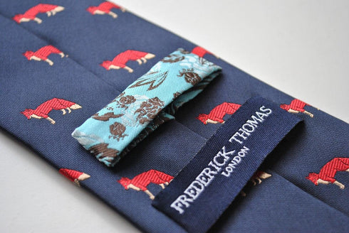 navy blue tie with red fox print design