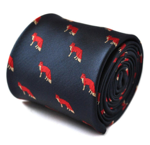 navy blue tie with red fox print design