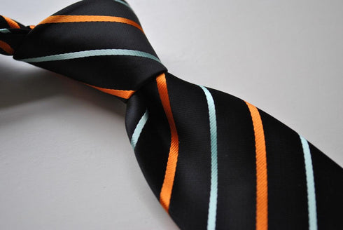 navy with orange and light blue striped tie