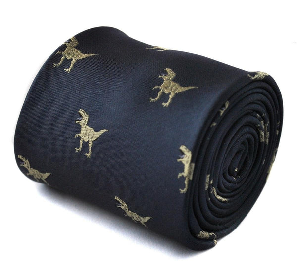 navy blue tie with t-rex dinosaur print design