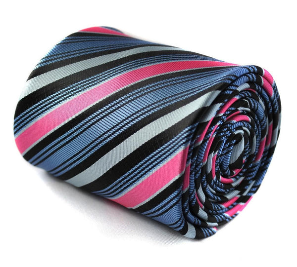 pink, blue and black striped tie