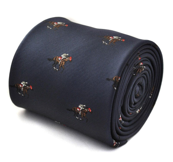 navy tie with horse racing pattern