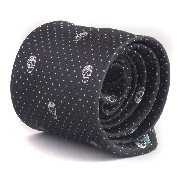 black tie with white embroidered skulls design tie