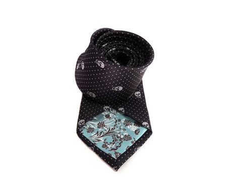 black tie with white embroidered skulls design tie