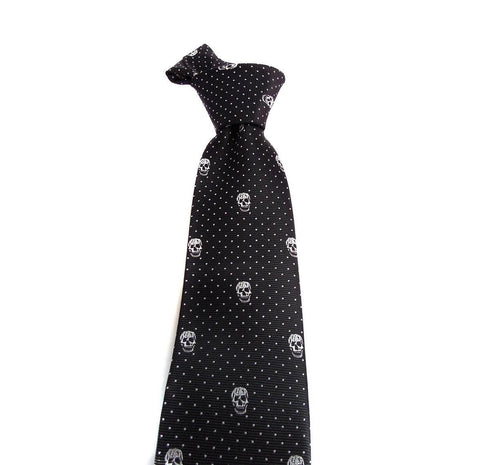 black tie with white embroidered skulls design tie