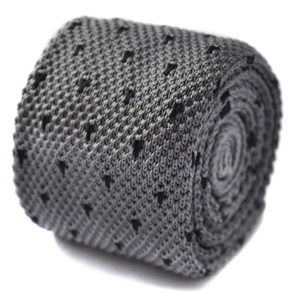 grey skinny knitted tie with black polka dots