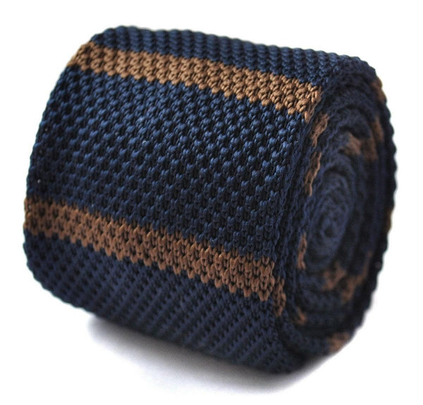 navy blue and brown striped skinny knitted tie
