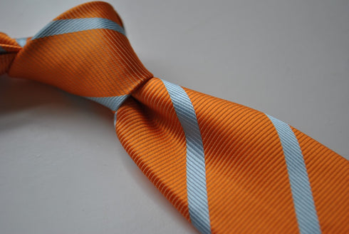orange tie with light blue club stripes