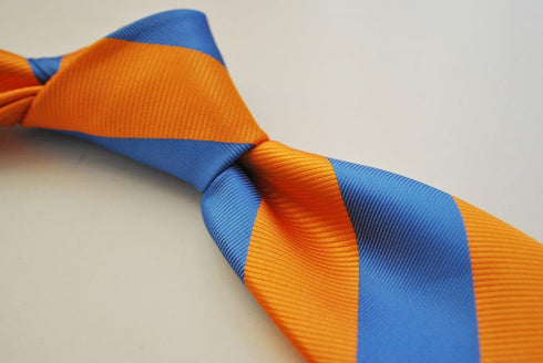 burnt orange and blue barber striped tie