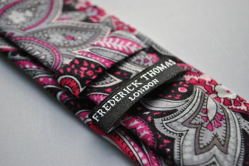 black and pink paisley skinny linen tie