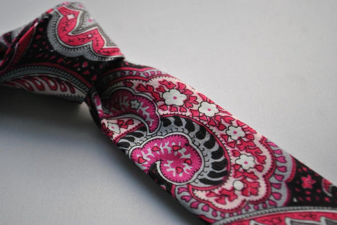 black and pink paisley skinny linen tie