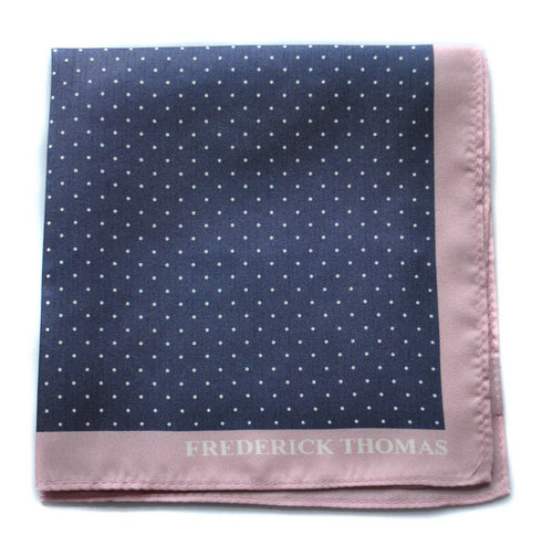 navy and white pin spotted silk pocket square with pink edging