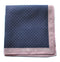 navy and white pin spotted silk pocket square with pink edging
