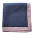 navy and white pin spotted silk pocket square with pink edging