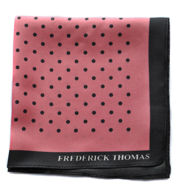 pink and black spotted silk pocket square with black edging