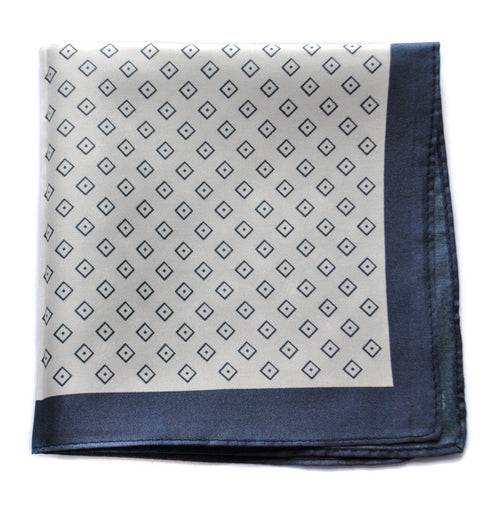 navy patterned four corner silk pocket square with navy edging