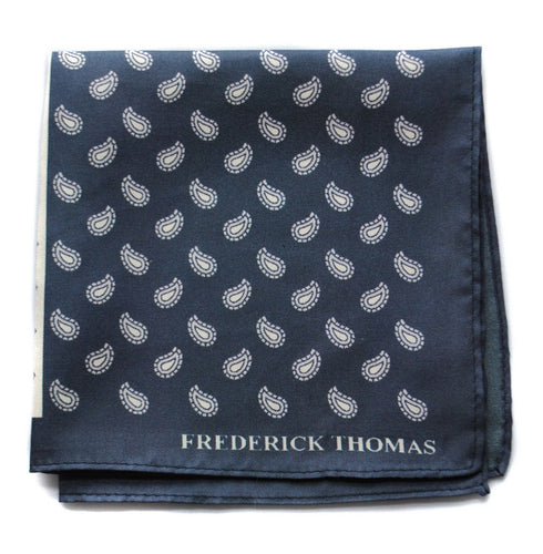 navy patterned four corner silk pocket square with navy edging