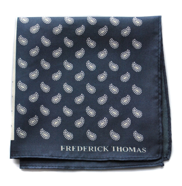 navy patterned four corner silk pocket square with navy edging