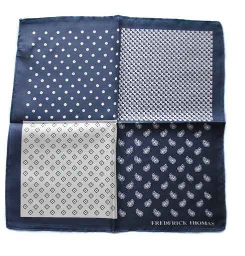 navy patterned four corner silk pocket square with navy edging