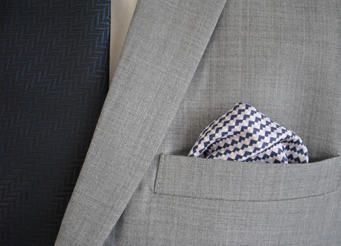 navy patterned four corner silk pocket square with navy edging