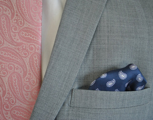 navy patterned four corner silk pocket square with navy edging