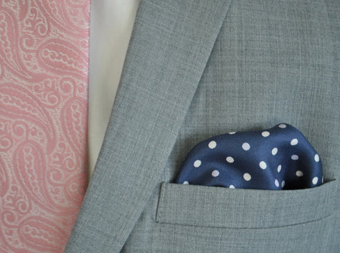 navy patterned four corner silk pocket square with navy edging