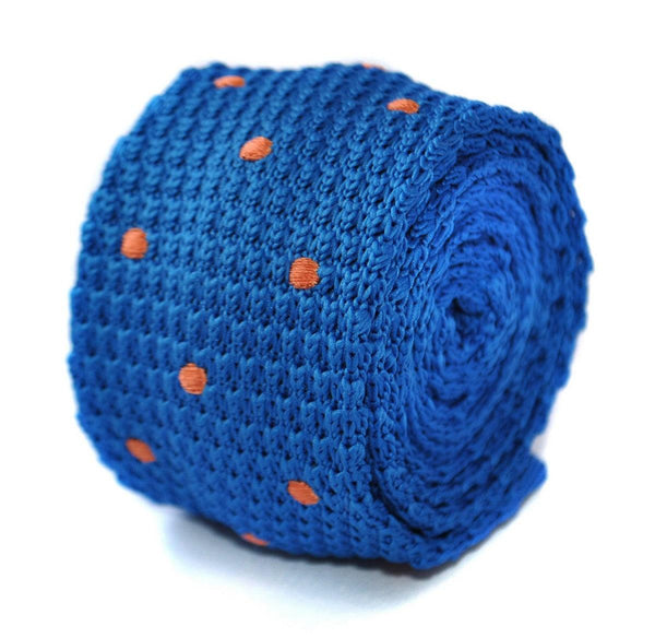 royal blue skinny knitted tie with orange polka dots
