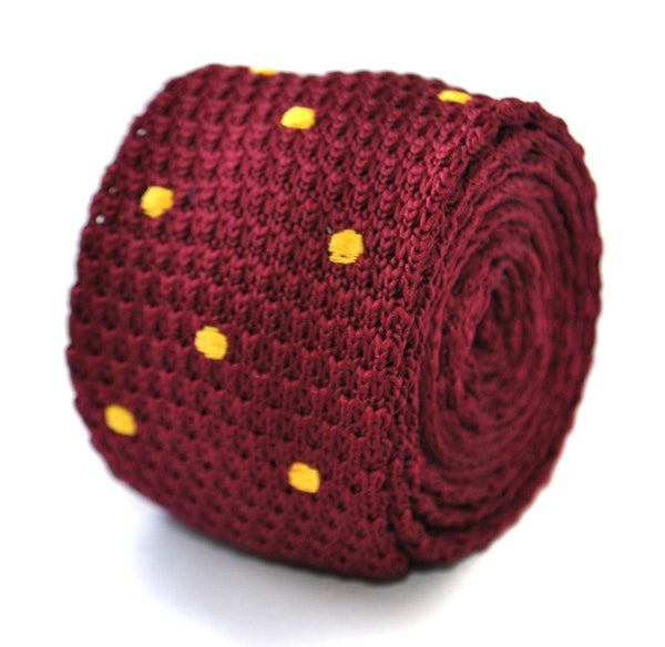 burgundy skinny knitted tie with gold polka dots