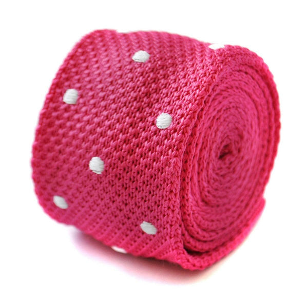 bright pink skinny knitted tie with white polka dots