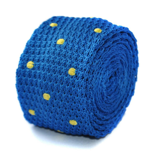 royal blue skinny knitted tie with yellow polka dots