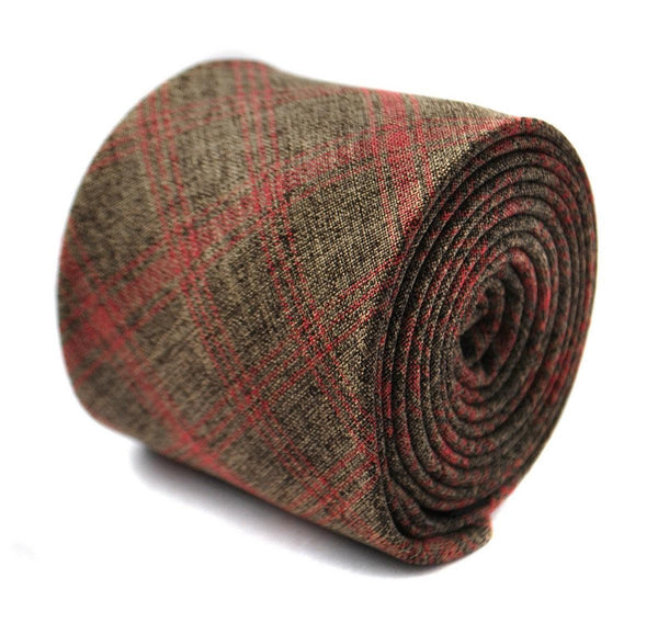 skinny brown and red check linen tie