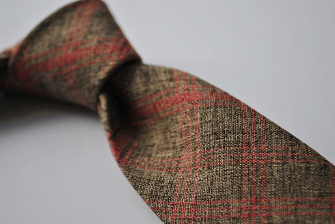 skinny brown and red check linen tie